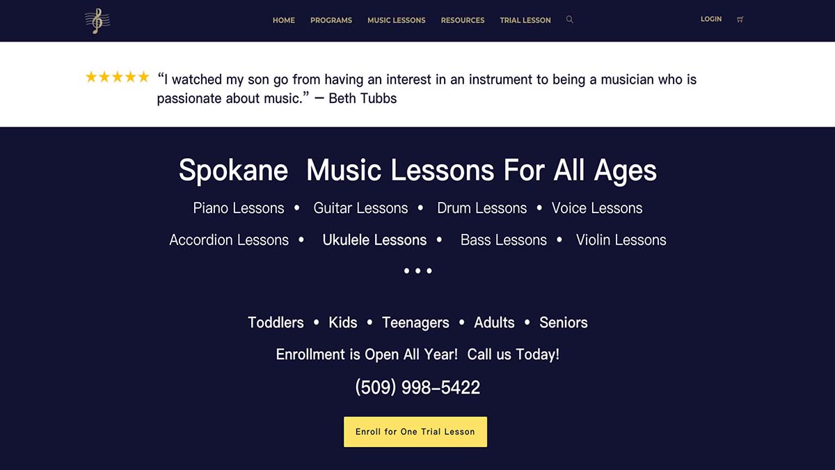 Example from Bartell Music Academy. It shows the yellow call to action pop up from the black background.
