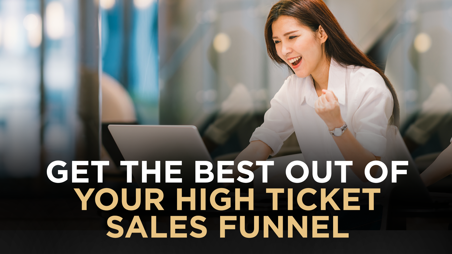 A woman in excitement shows her winning in sales funnel optimization