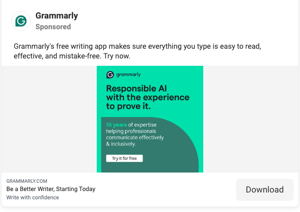 From Grammarly. It shows an ad shows 15 years experience and AI utilization.