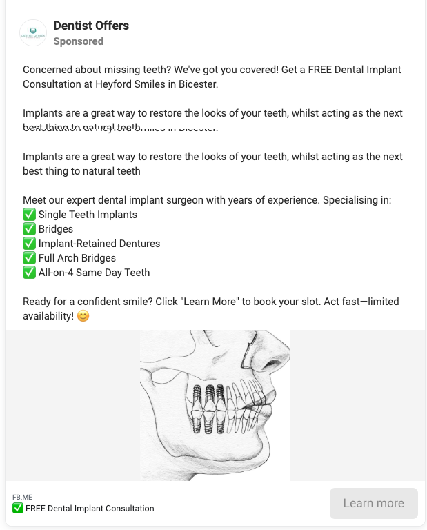 From Dentist Offers. It shows the dentist provide tailored solution in the ad.