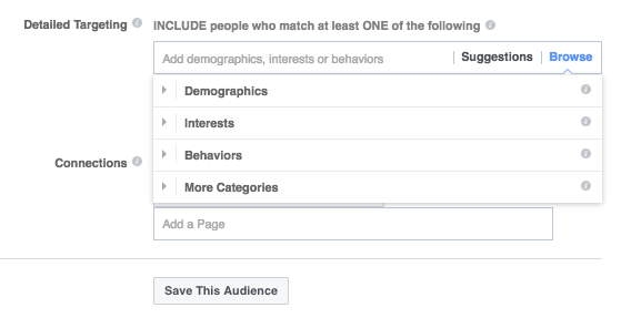 A image shows the detailed targeting section in Facebook ads manager.
