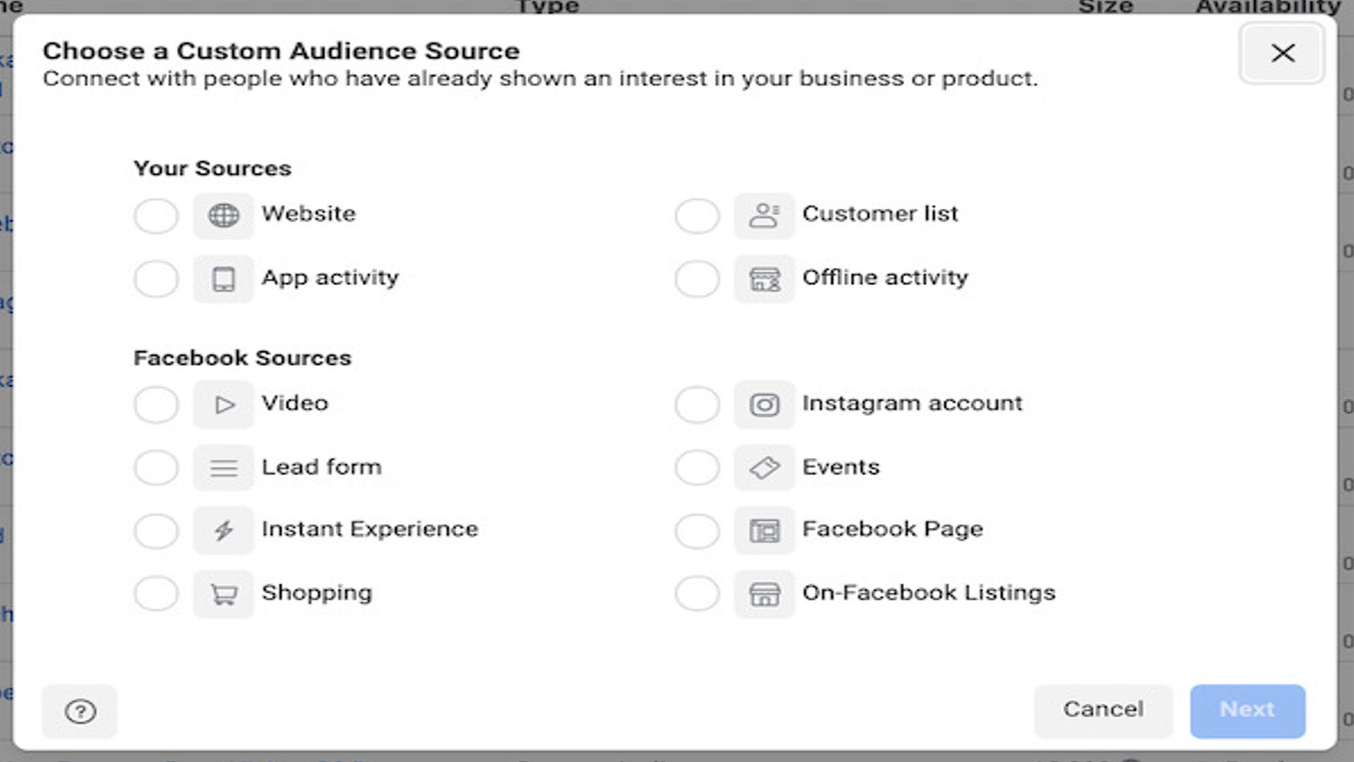 A image shows the custom audience section in Facebook ads manager.