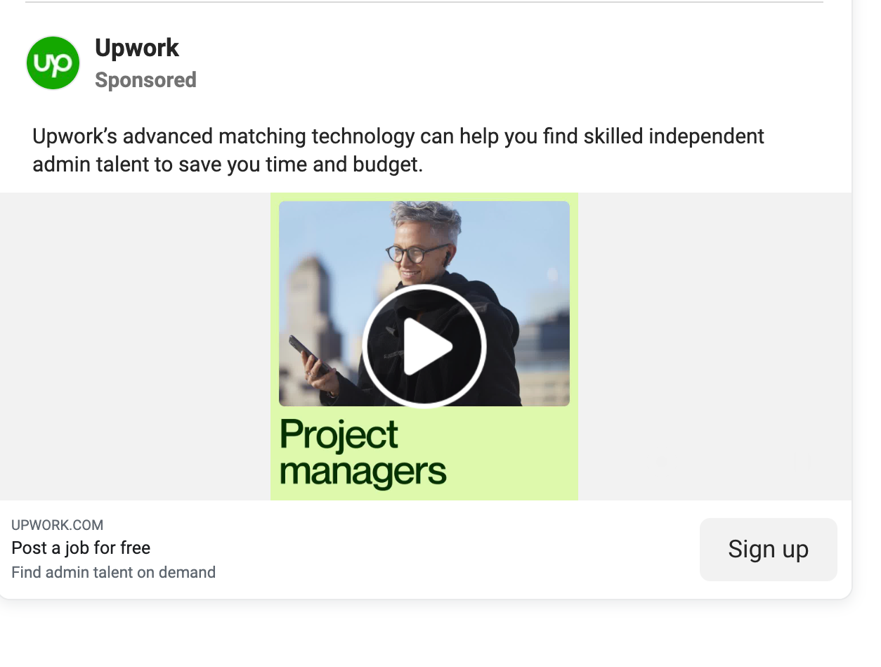 From Upwork. It shoes how to demo Clarify Value Proposition in an ad