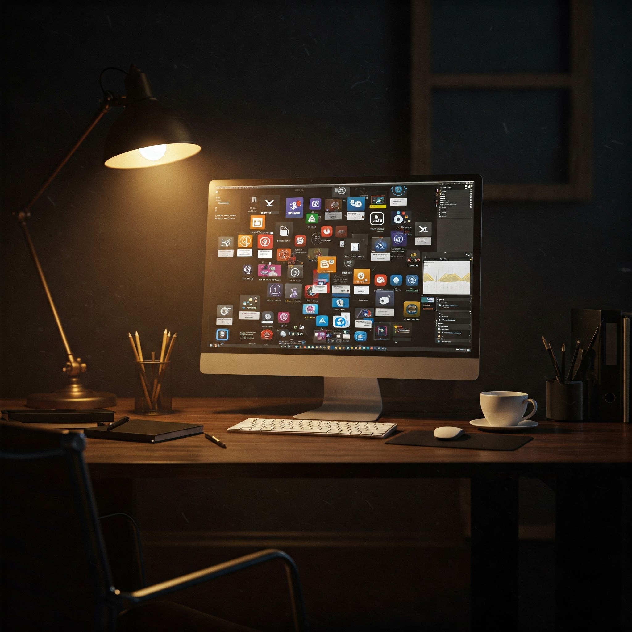 Cluttered desktop screen filled with unused software icons, representing wasted marketing tools and SaaS subscriptions in a luxury high-ticket workspace.