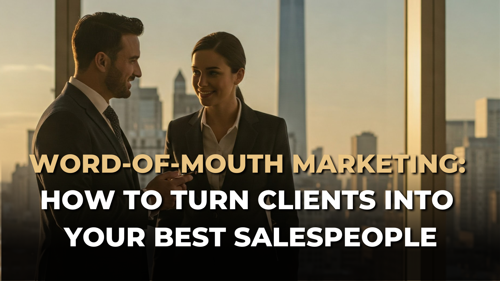 Two professionals in a high-rise office having a private conversation, representing exclusive word-of-mouth marketing and high-ticket referrals.