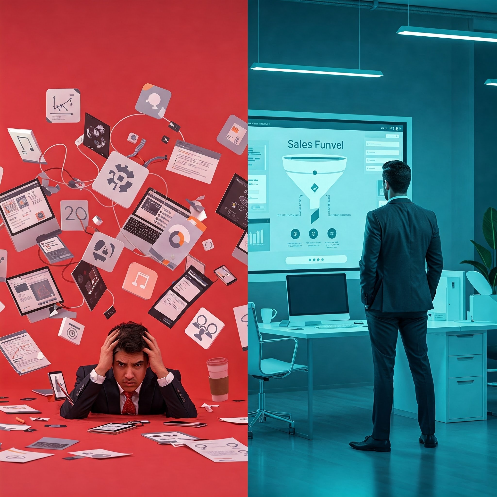 Visual contrast between an overwhelmed entrepreneur surrounded by scattered software tools and a confident professional viewing a streamlined sales funnel in a minimalist office.