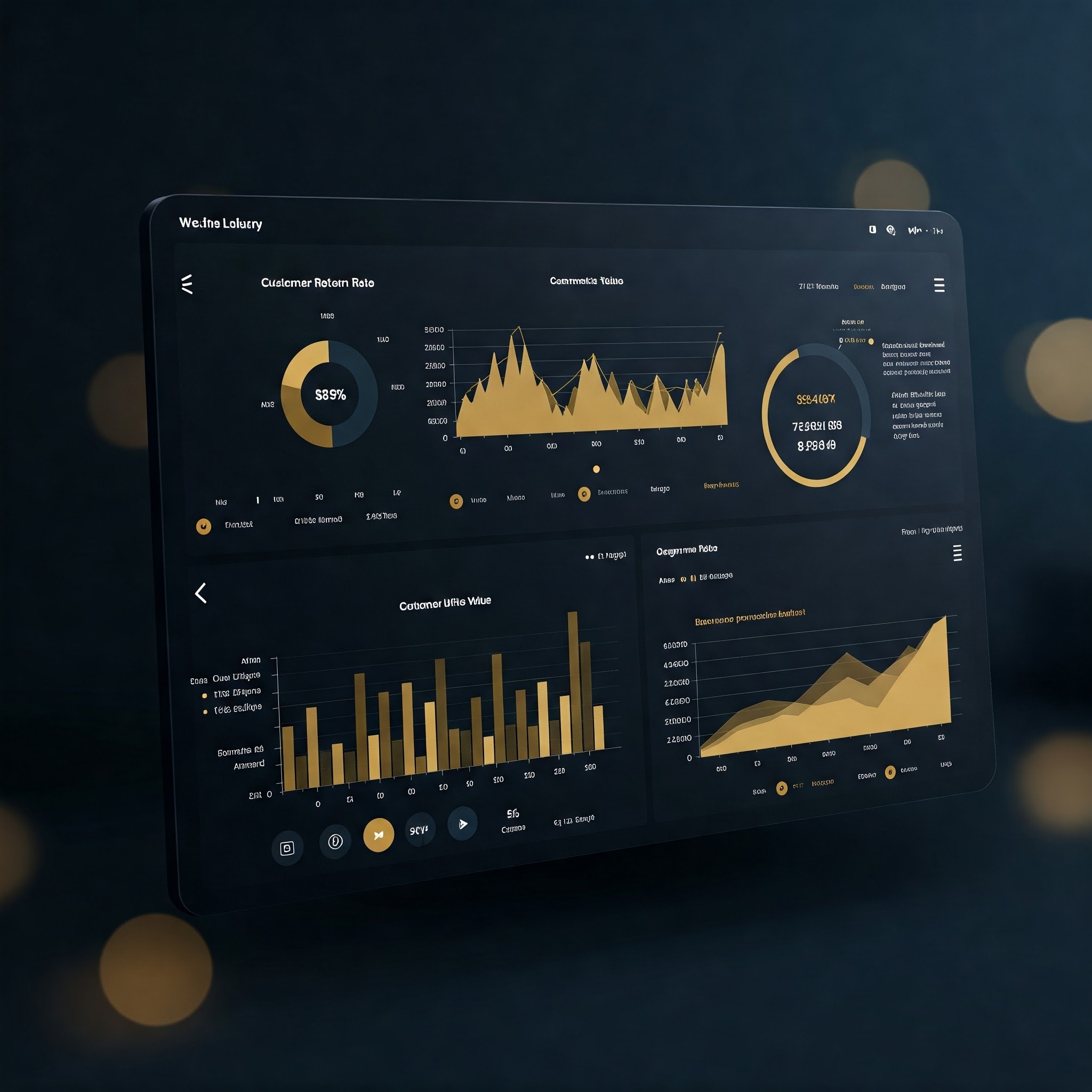 Luxury-style KPI dashboard mockup displaying customer retention rate, lifetime value, and conversion metrics on a dark, gold-accented interface