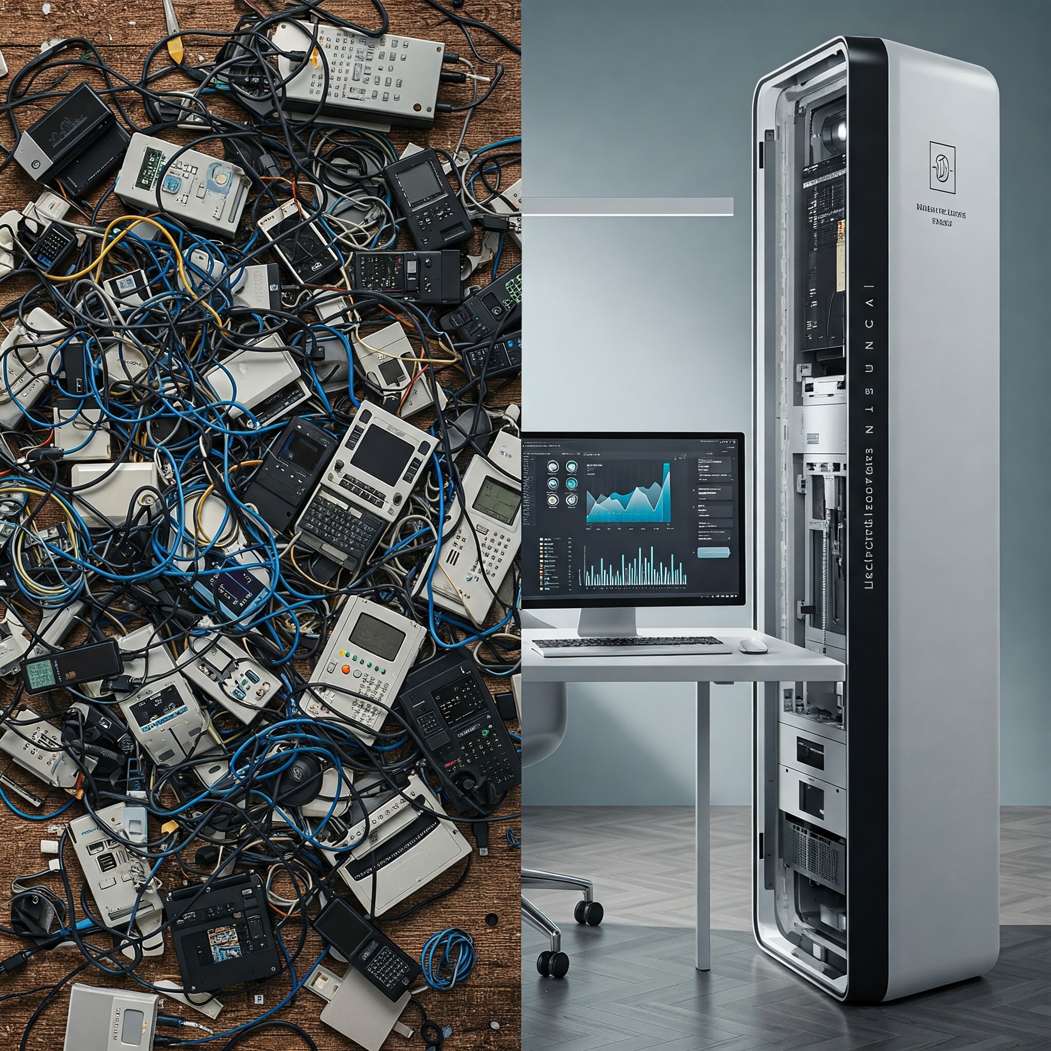 Split-screen comparison of a chaotic, outdated tech stack with tangled cables and outdated devices on the left, versus a sleek, modern integrated system with a minimalist design and advanced analytics dashboard on the right, illustrating the transformation from disorganized tools to a streamlined high-ticket business setup.