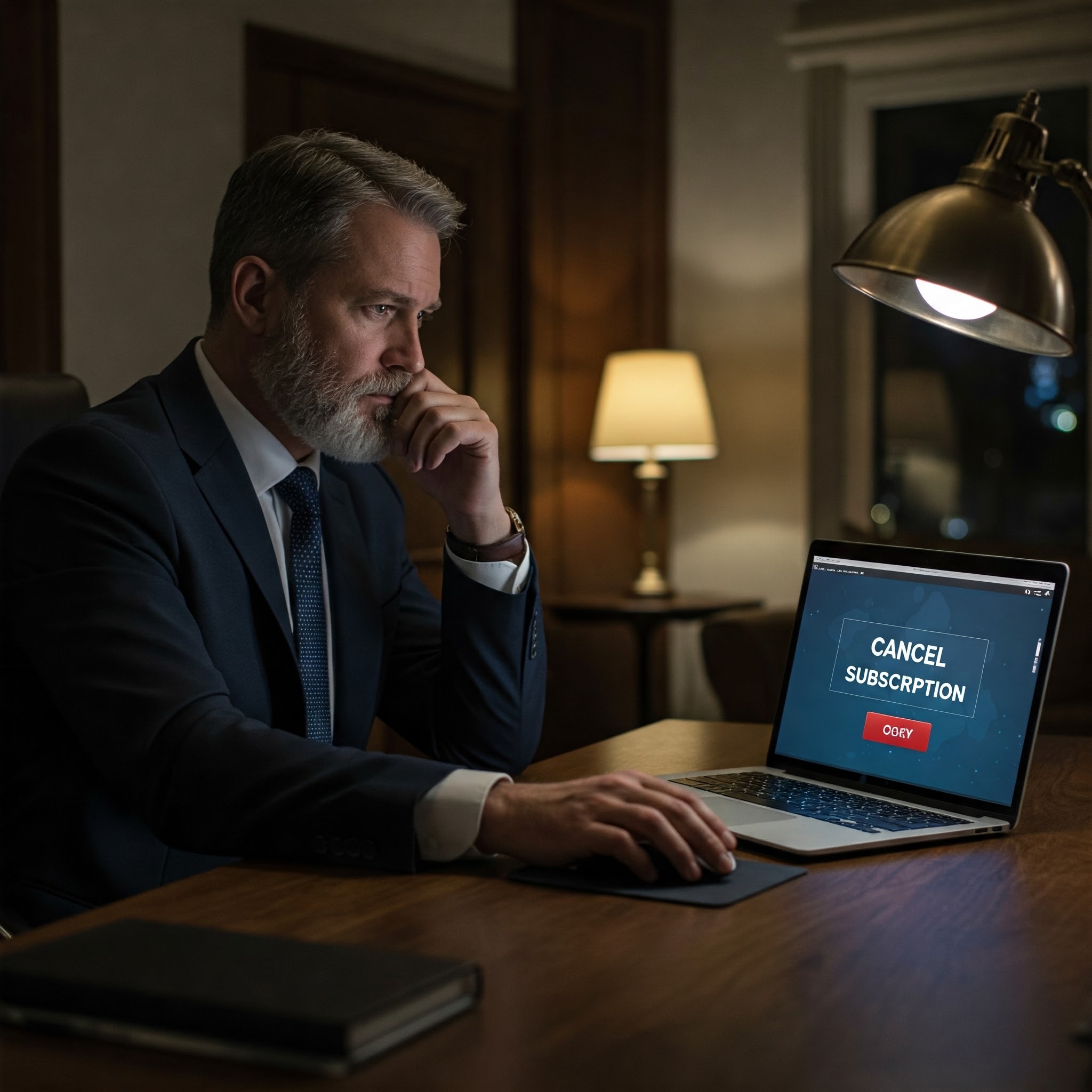 A professional business executive in a high-end office hesitates to cancel a premium membership, hovering over the 'Cancel Subscription' button on their laptop. The scene conveys uncertainty, regret, and the fear of losing exclusive benefits.