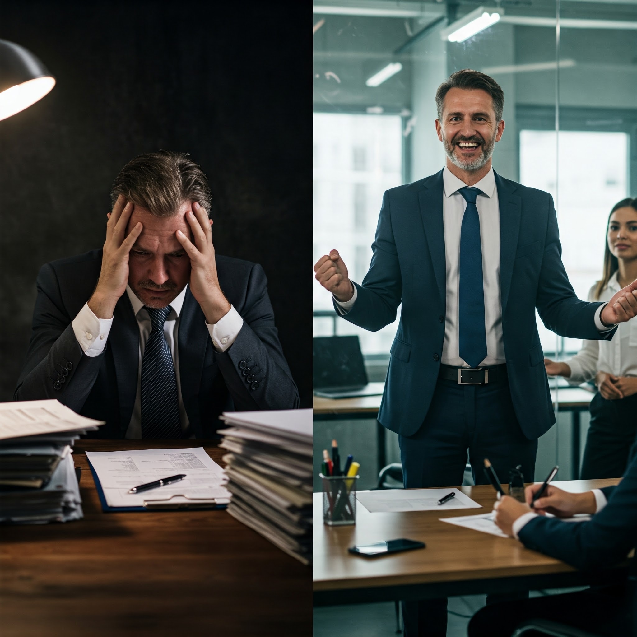 Side-by-side comparison of a business professional before and after success. On the left, the entrepreneur looks frustrated, overwhelmed with financial documents in a dimly lit office. On the right, the same individual confidently leads a team meeting in a bright, high-end office, symbolizing financial success, career growth, and business transformation.