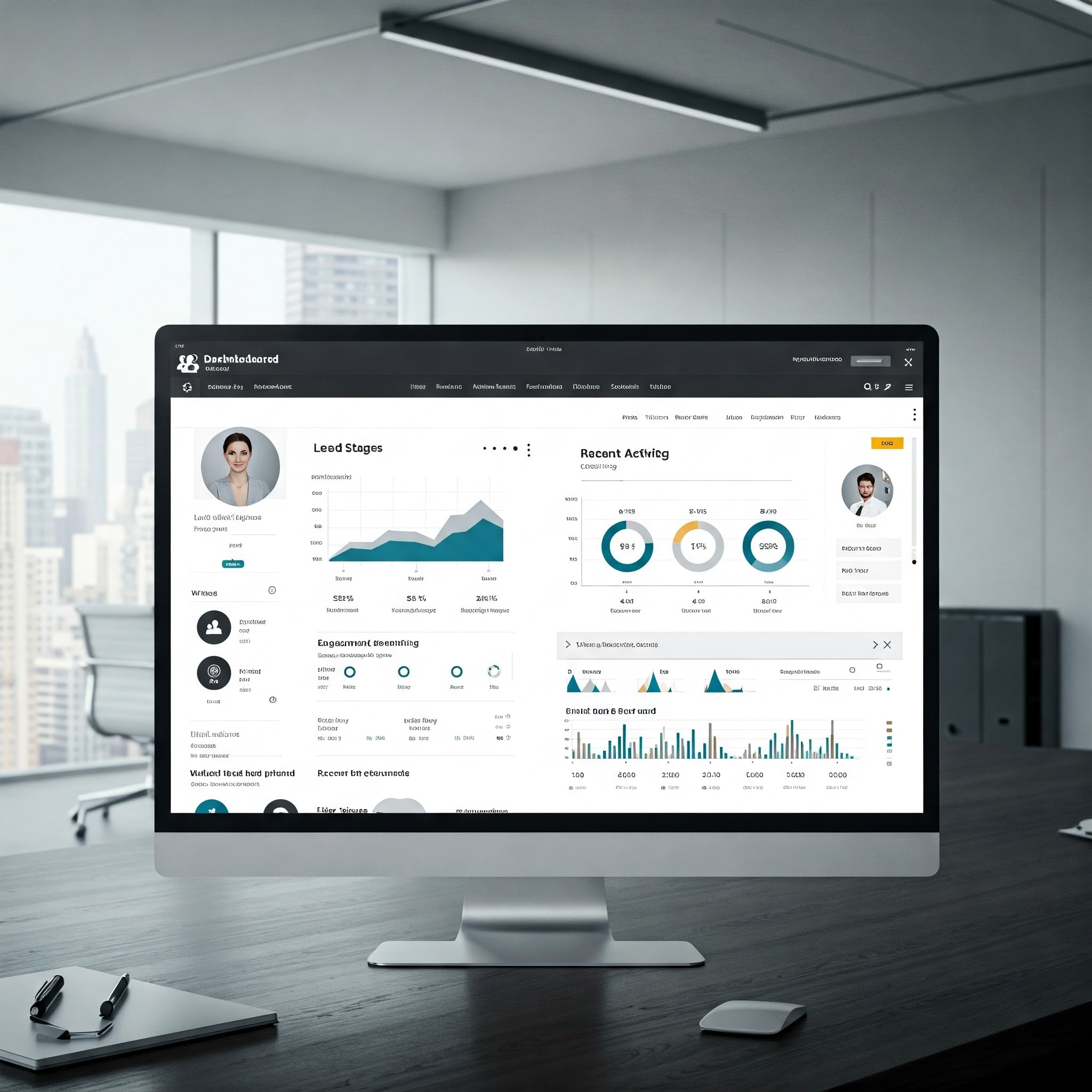 CRM dashboard on a sleek computer screen showing lead stages, recent activity, and engagement metrics in a luxury modern office setting.