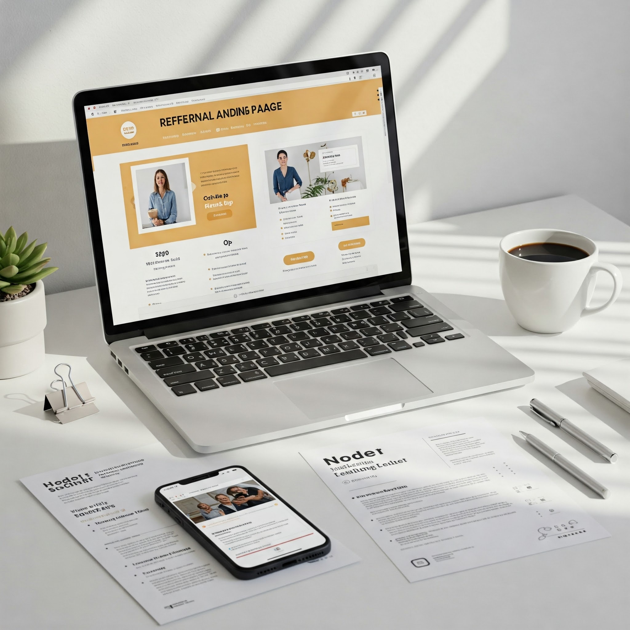 Flatlay of a modern workspace showing a referral landing page on a laptop, a smartphone with a video script, and printed email templates — representing a frictionless referral toolkit for word-of-mouth marketing.