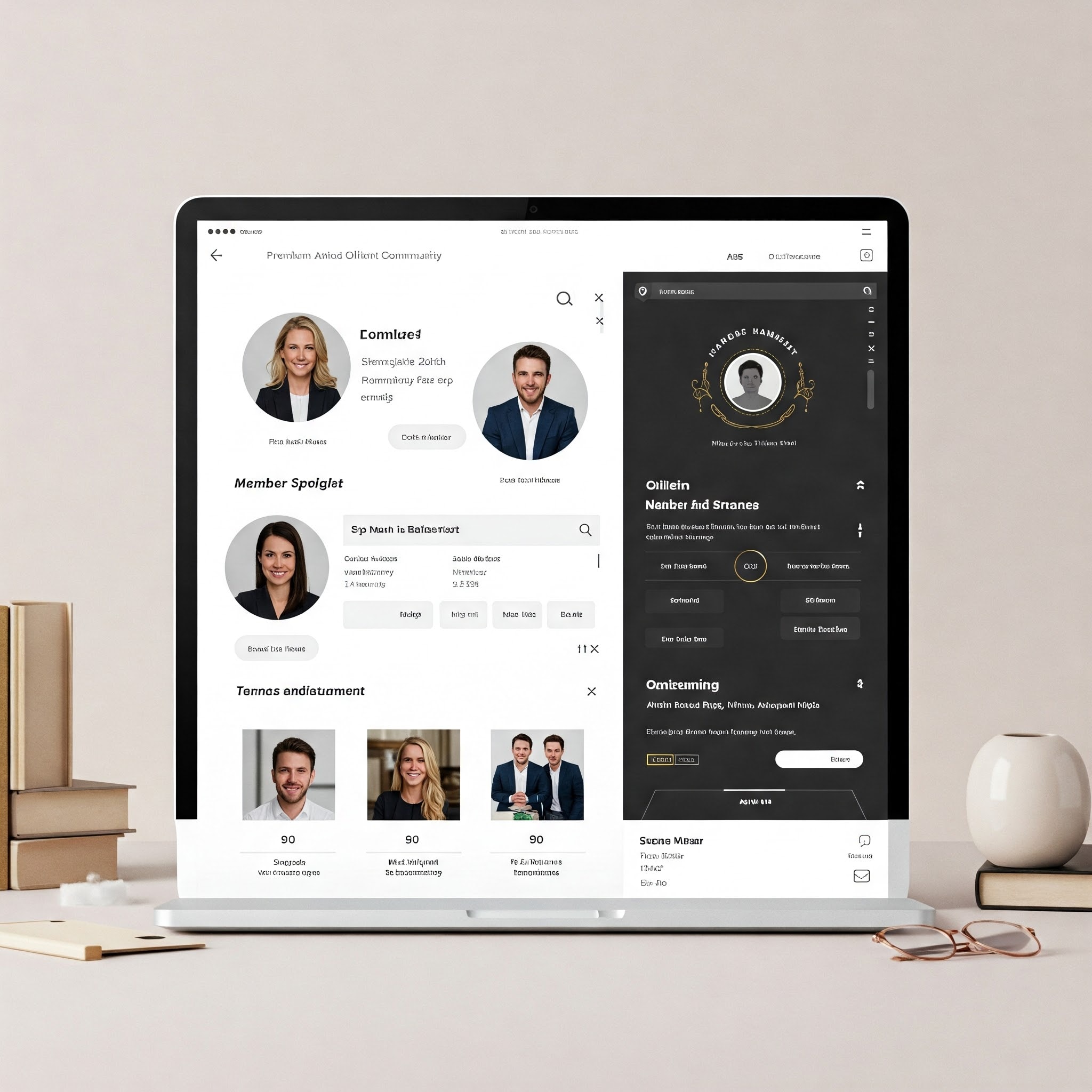 Laptop screen displaying a premium online client community platform with member spotlights, user profiles, and private dashboard in a luxury workspace setting.