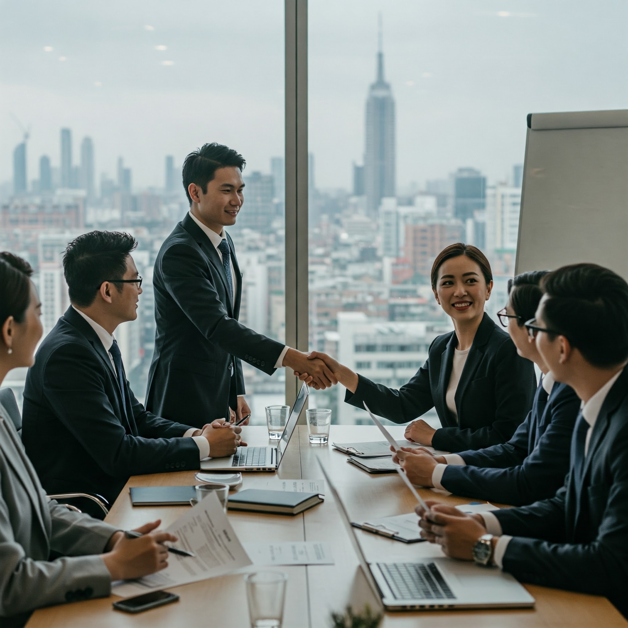 A group of high-level business professionals engaged in an exclusive mastermind session in a modern conference room. They are shaking hands, discussing strategies, and reviewing documents, symbolizing collaboration, high-ticket value, and elite networking. The luxurious setting features floor-to-ceiling windows showcasing a stunning city skyline, emphasizing exclusivity and business success.