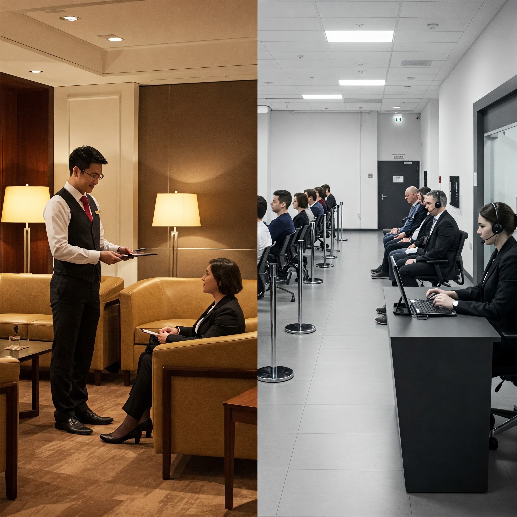 A side-by-side comparison of two customer experiences: On the left, a frustrated client waits in line at a crowded service counter, receiving little attention. On the right, a VIP client is seated in an exclusive lounge, enjoying personalized service from a professional concierge, highlighting the difference between standard and premium customer treatment.