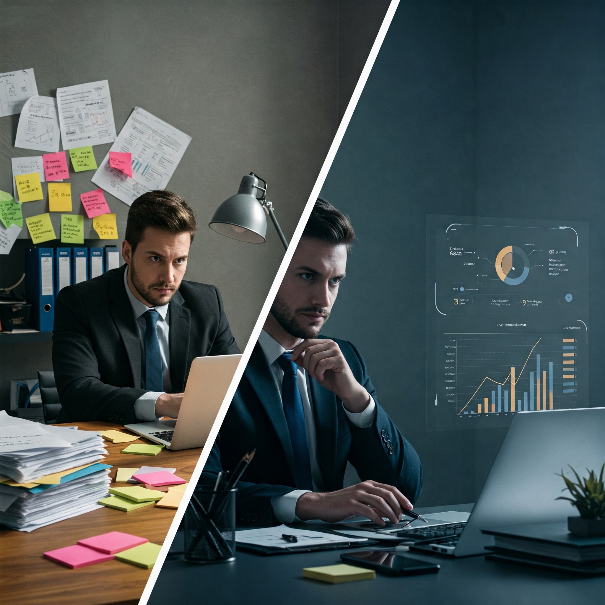 Before and after business transformation image showing a stressed entrepreneur in a cluttered office contrasted with a focused professional in a sleek workspace using digital sales dashboards to track scalable growth.