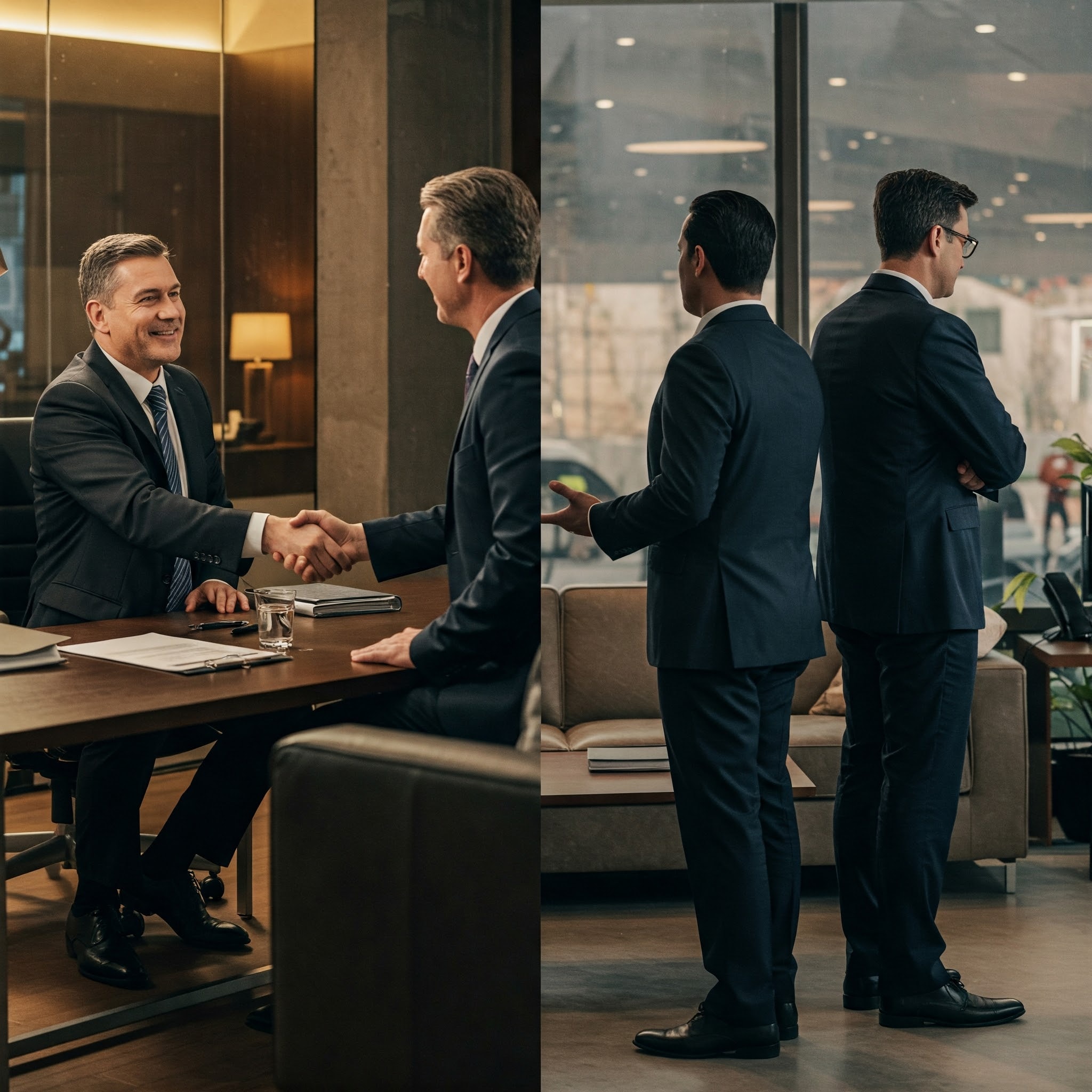 Split-screen comparison of two business scenarios: On the left, a confident entrepreneur shakes hands with an engaged high-ticket client in a luxury office, symbolizing strong customer retention. On the right, a frustrated business professional watches a dissatisfied client walk away, illustrating the consequences of poor client engagement and high churn rates.
