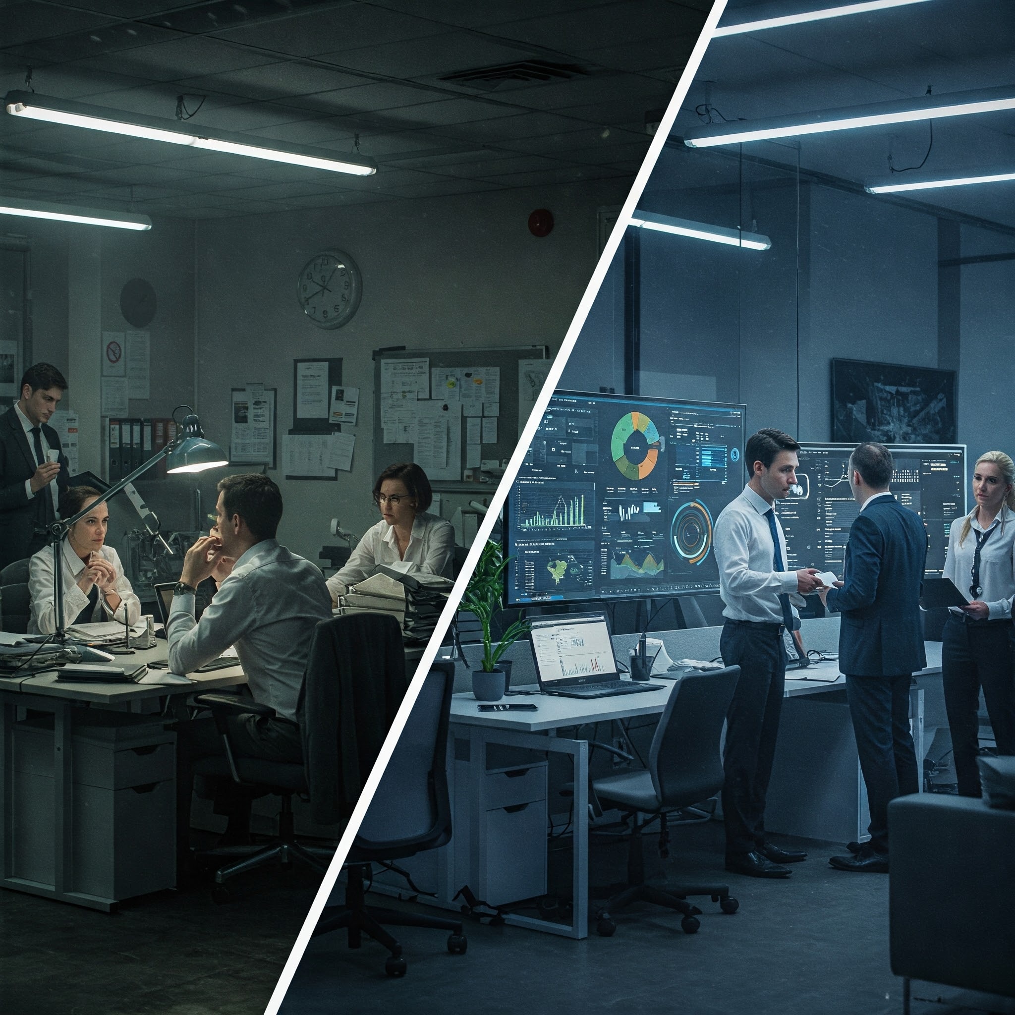 Split-screen image showing a cluttered, outdated office with confused employees on the left, and a modern workspace with integrated dashboards and confident professionals on the right—illustrating the impact of data visibility and streamlined systems on business performance.