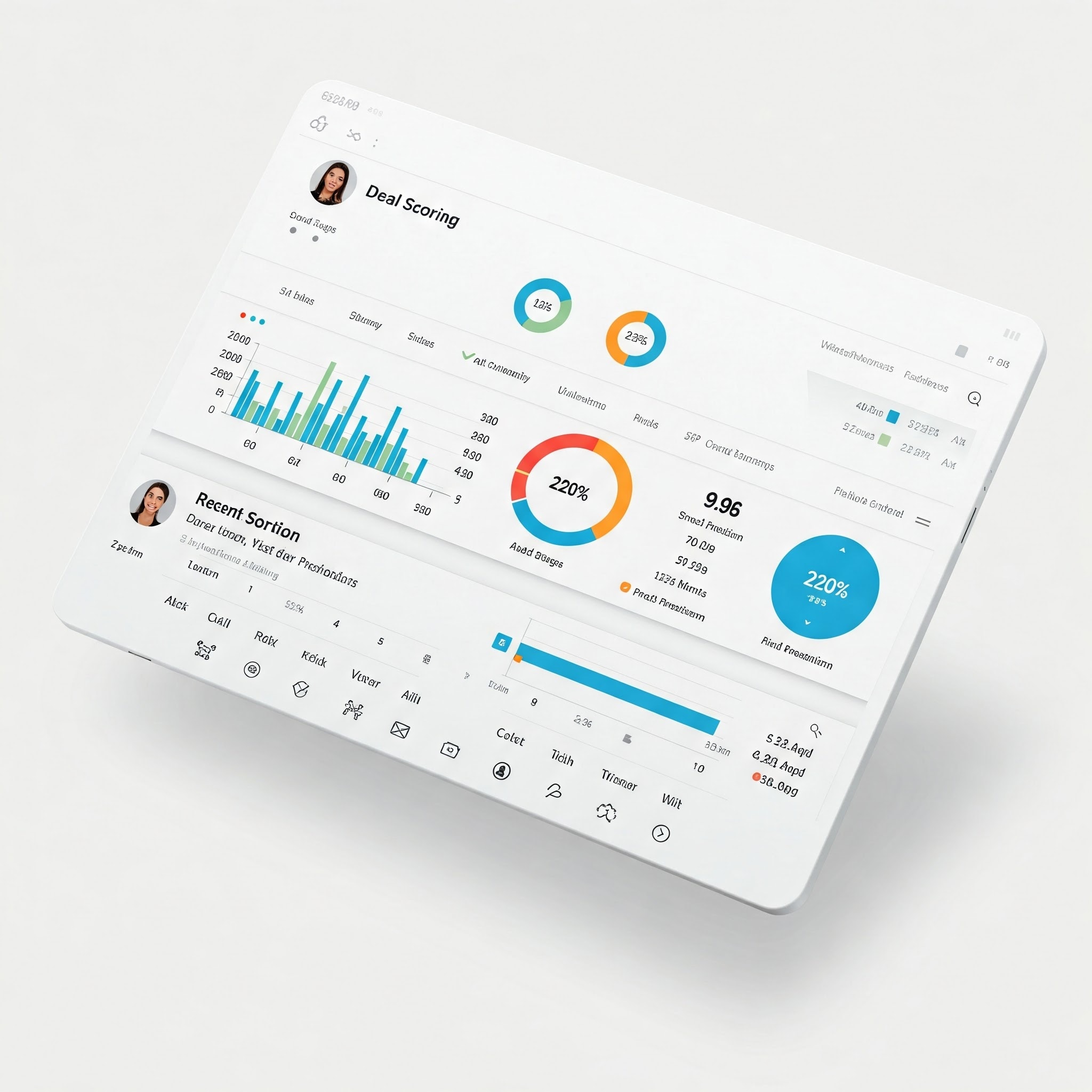 a modern CRM software dashboard showing deal stages, lead scoring, and recent customer interactions, clean white interface, minimal design, high-end B2B software style, luxury aesthetic, elegant data visualization