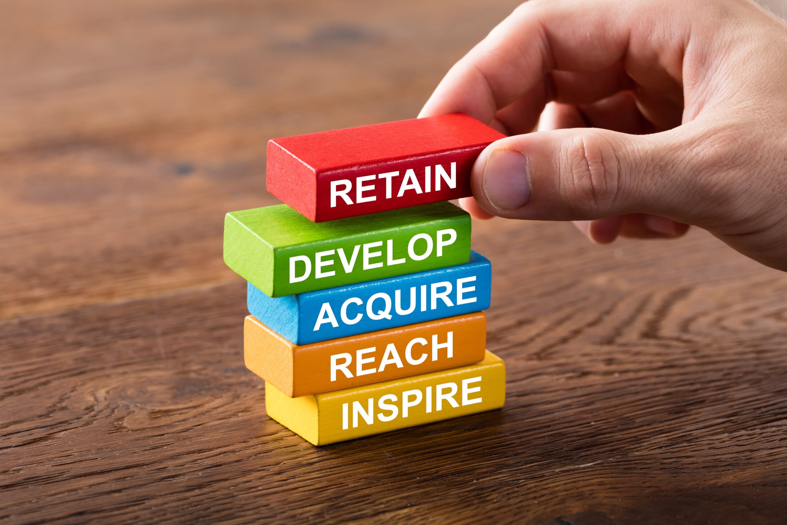 A series of stacked building blocks illustrating the customer journey from initial inspiration to long-term retention. Each block represents a key stage, moving progressively from ‘Inspire’ to ‘Retain,’ symbolizing the structured approach to building strong customer relationships and loyalty.