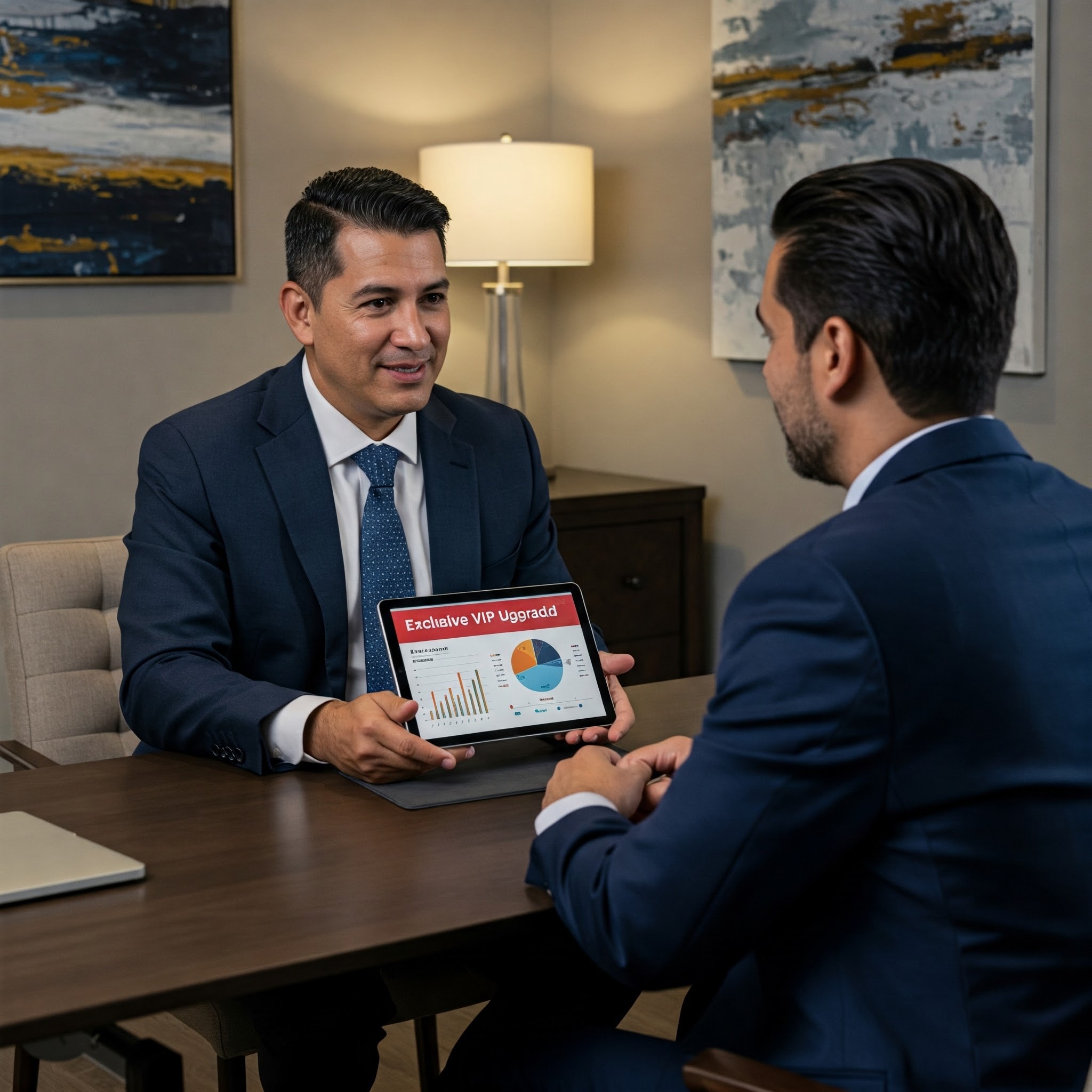 A professional business coach presents an exclusive VIP upgrade to a high-ticket client in a modern office. The client, dressed in business attire, attentively reviews the next-level offer on a tablet, highlighting the benefits of continued investment. The setting conveys luxury, exclusivity, and premium consulting services.