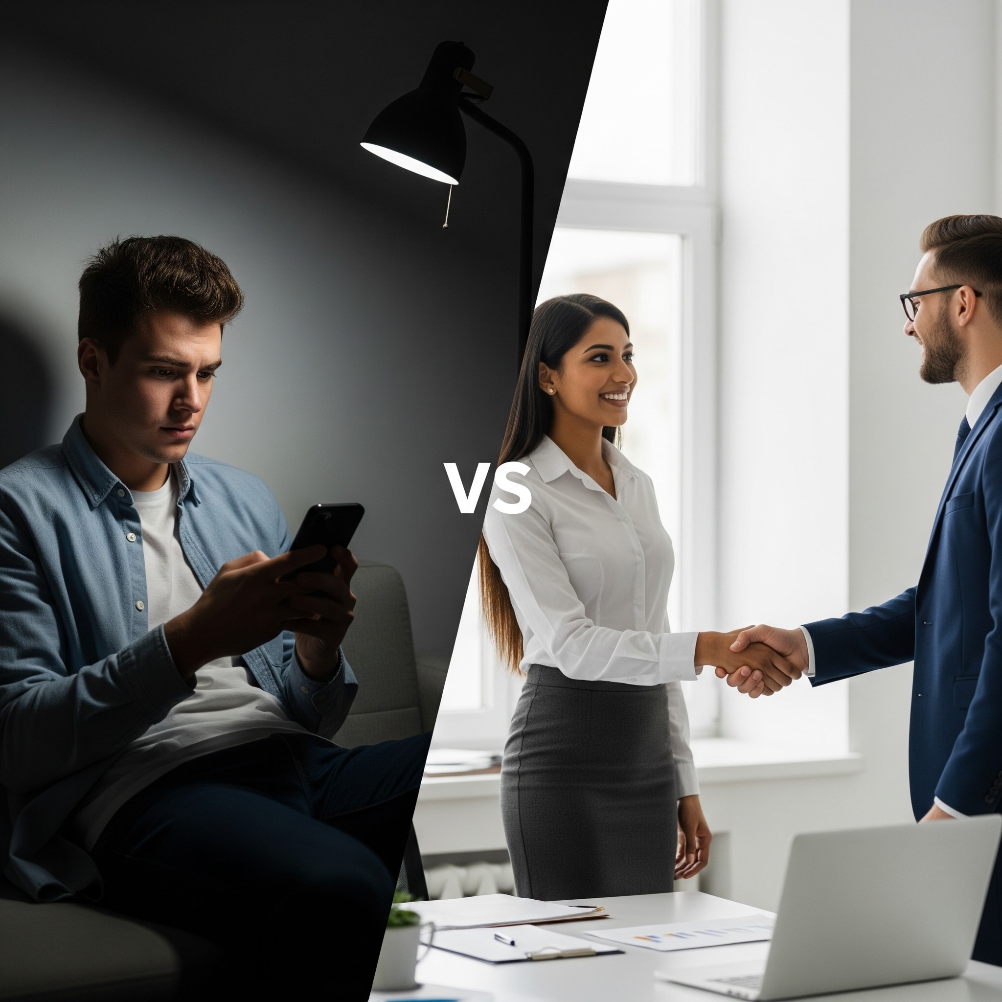 Split-screen comparison showing the ineffectiveness of cold advertising versus the trust of a personal referral. On the left, a person scrolls past a digital ad with disinterest. On the right, two business professionals shake hands in a modern office, symbolizing a successful word-of-mouth referral.