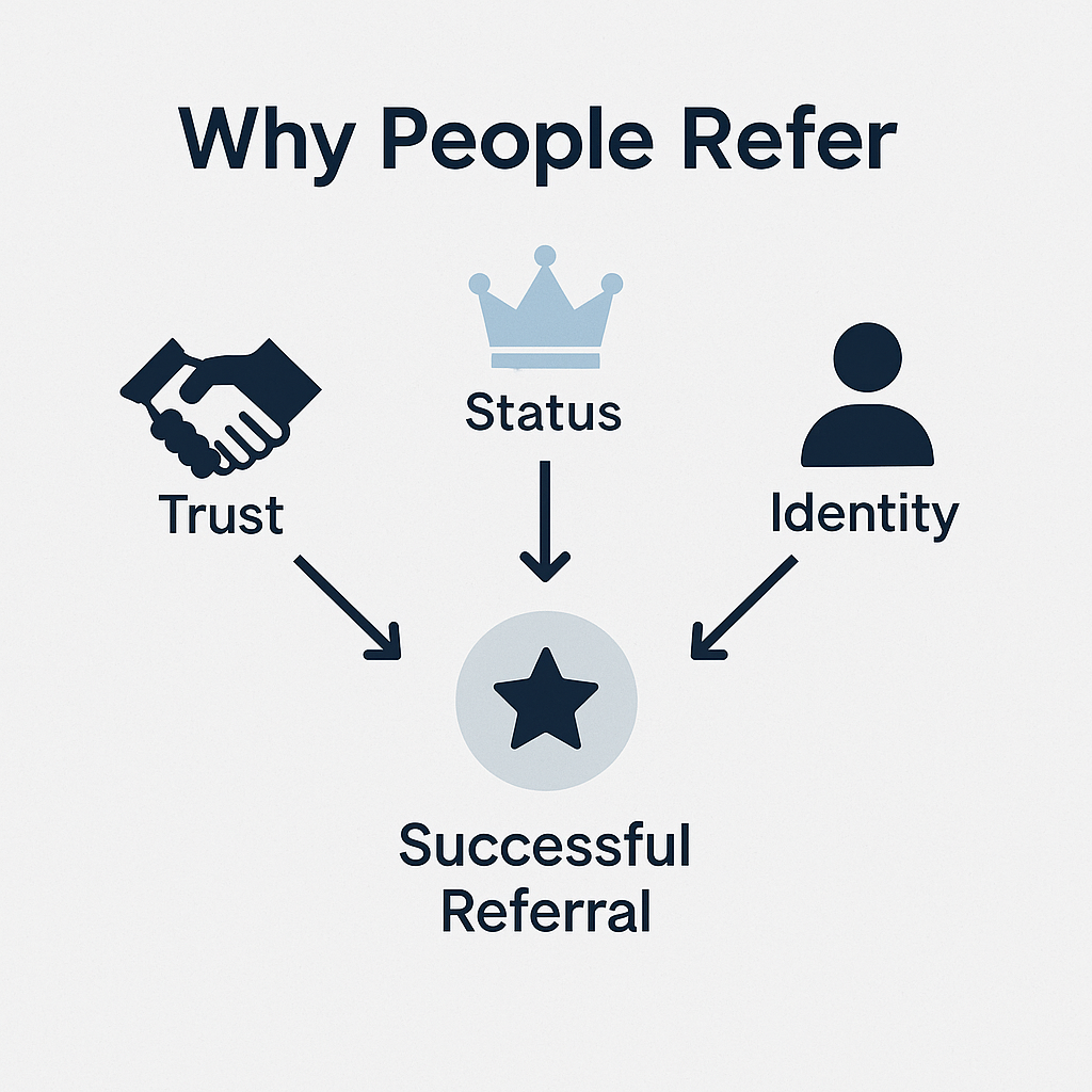 Infographic showing three referral motivators—Trust, Status, and Identity—each with an arrow pointing toward a central icon labeled “Successful Referral,” representing the psychological drivers behind word-of-mouth marketing.