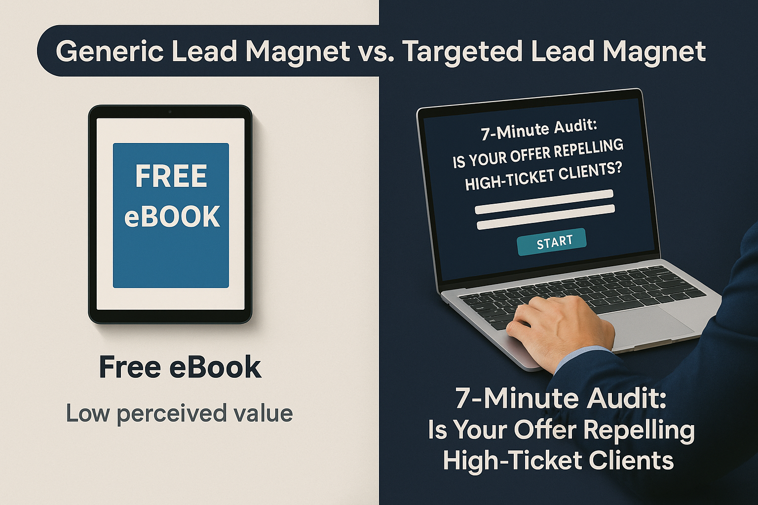 Side-by-side comparison of a generic lead magnet versus a targeted lead magnet. The left side shows a tablet with a 'FREE eBOOK' and the label 'Low perceived value.' The right side shows a person interacting with a laptop displaying a '7-Minute Audit' form titled 'Is Your Offer Repelling High-Ticket Clients?' labeled 'Specific, actionable, relevant.' The image highlights the effectiveness of targeted lead generation strategies.