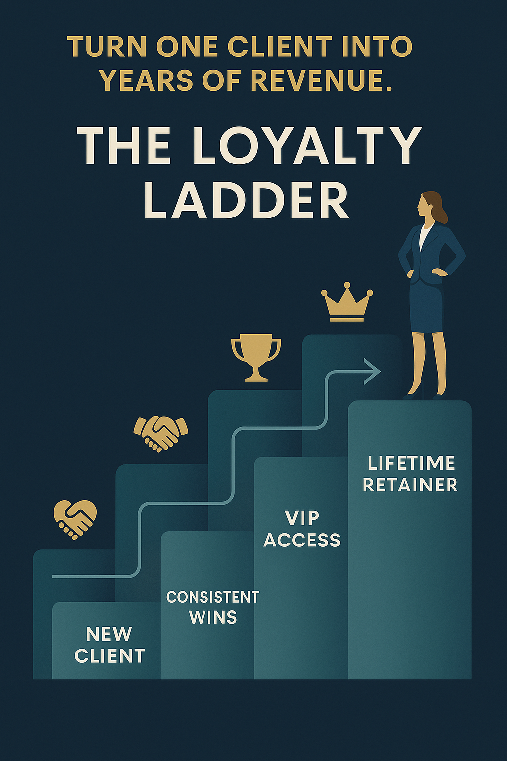 Infographic titled 'The Loyalty Ladder' showing four ascending steps labeled New Client, Consistent Wins, VIP Access, and Lifetime Retainer. Each step features an icon: handshake, trophy, crown, and a professional woman standing confidently on the top step. Header text reads: 'Turn one client into years of revenue.