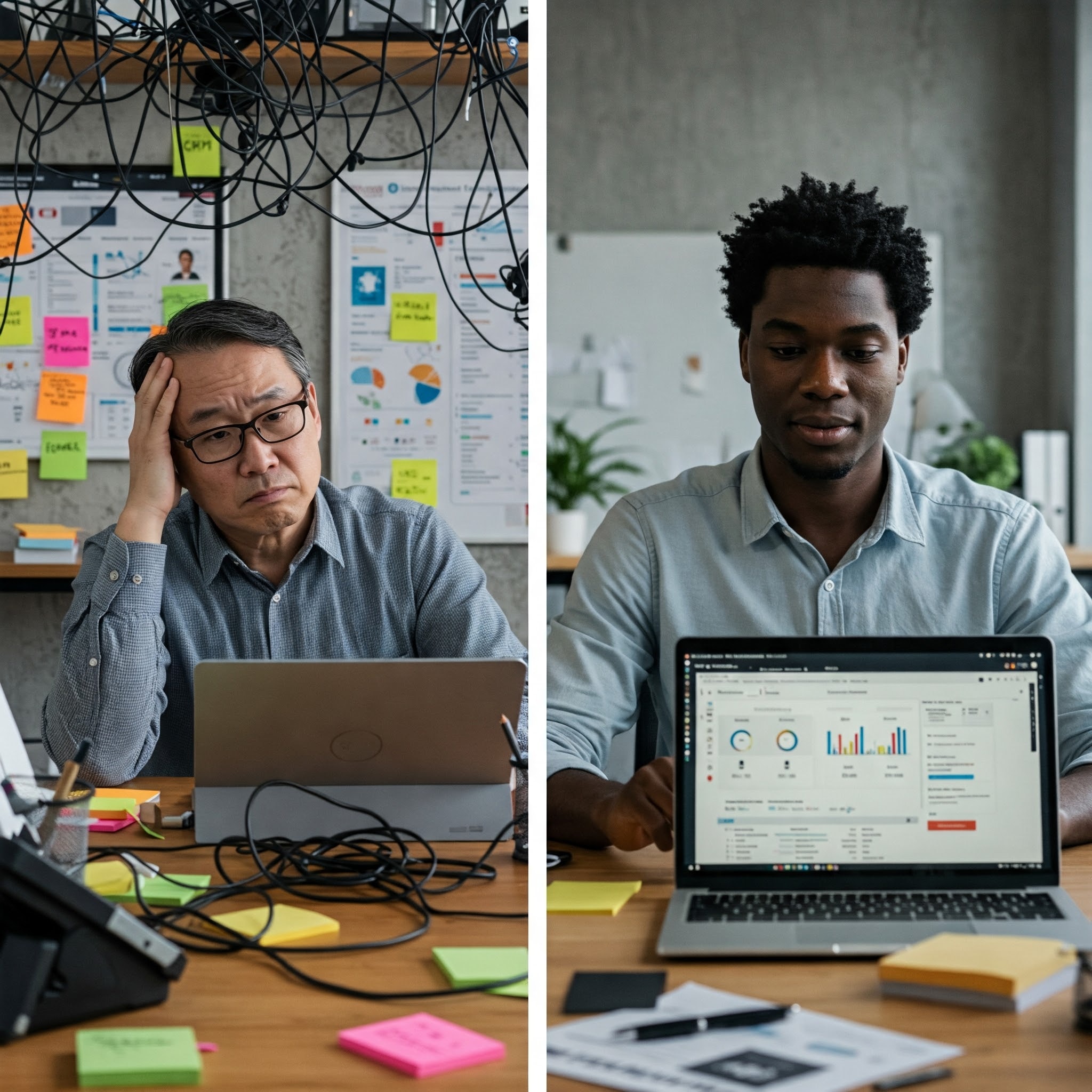 Side-by-side photo of two entrepreneurs: on the left, a stressed man surrounded by tangled cables, sticky notes, and complex dashboards; on the right, a calm man working in a clean office with a streamlined analytics dashboard.