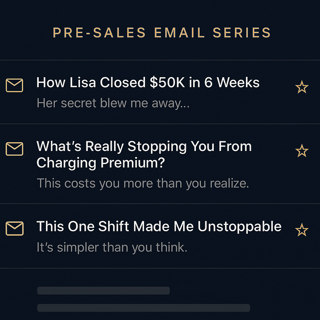 Mockup of a pre-sales email series displayed on a dark navy interface, featuring three subject lines: 'How Lisa Closed $50K in 6 Weeks,' 'What’s Really Stopping You From Charging Premium?,' and 'This One Shift Made Me Unstoppable,' each with preview text and gold icons for emails and favorites.