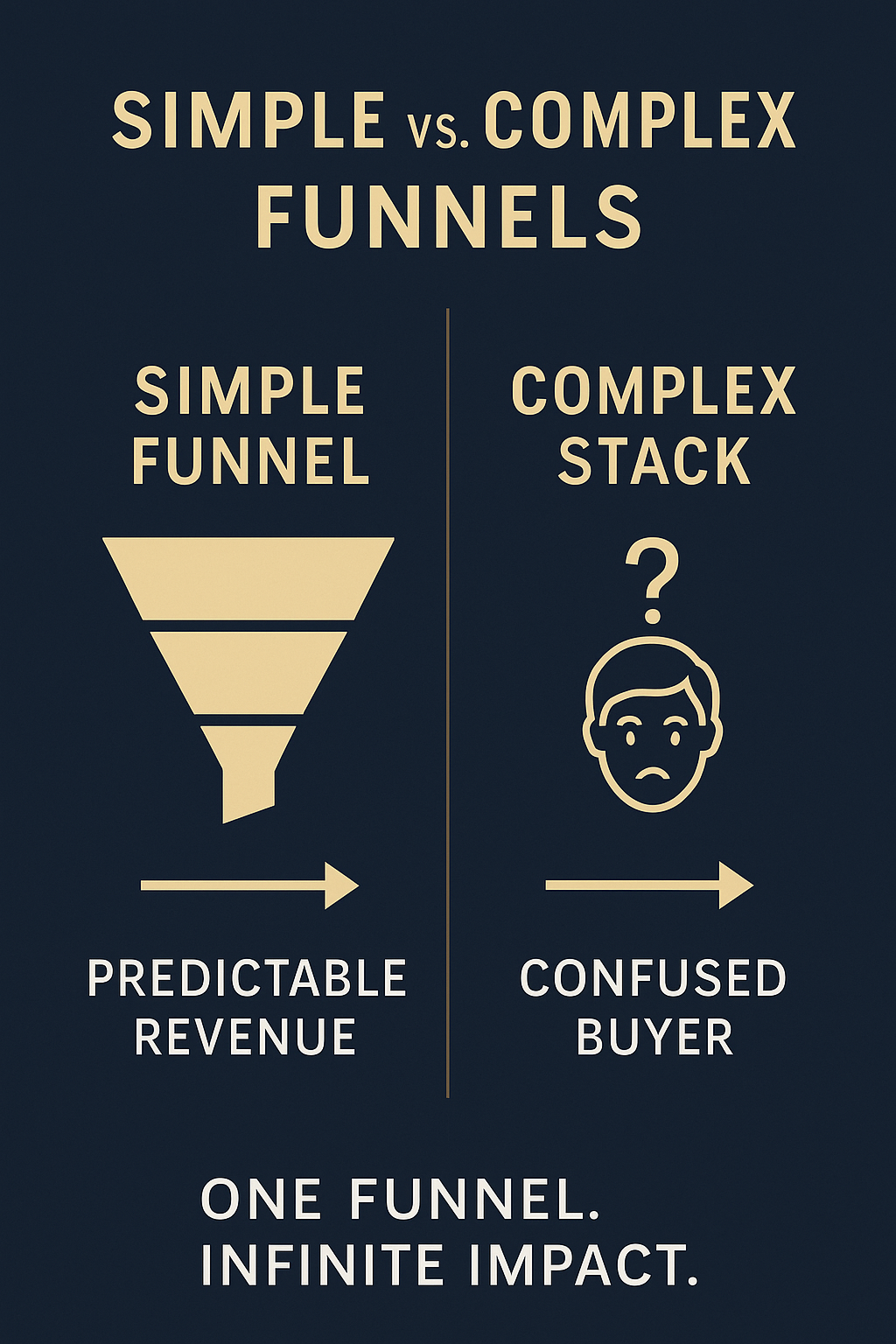 Split-screen infographic comparing two sales funnel strategies. The left side shows a simple funnel labeled 'Simple Funnel → Predictable Revenue' with a clean icon of a funnel and an arrow. The right side shows a confused buyer icon under the label 'Complex Stack → Confused Buyer.'