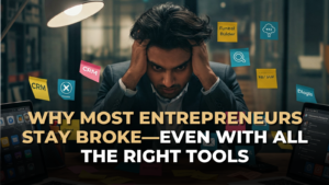 Overwhelmed entrepreneur surrounded by floating software tool icons like CRM, funnel builder, and email apps, symbolizing marketing overload. Image reflects the frustration of relying on too many tools without results—core theme of high-ticket sales strategy.