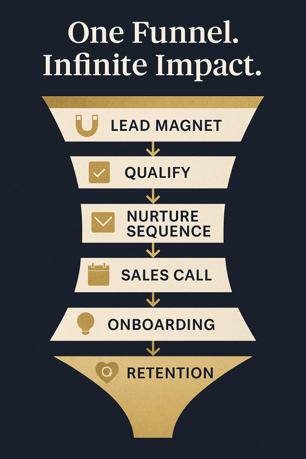 Infographic titled 'One Funnel. Infinite Impact.' showing a six-stage vertical funnel in gold and cream colors on a dark blue background. The stages, from top to bottom, are labeled: Lead Magnet, Qualify, Nurture Sequence, Sales Call, Onboarding, and Retention. Each stage is marked with a simple icon, and arrows guide the viewer down the funnel, illustrating a streamlined high-ticket client journey.