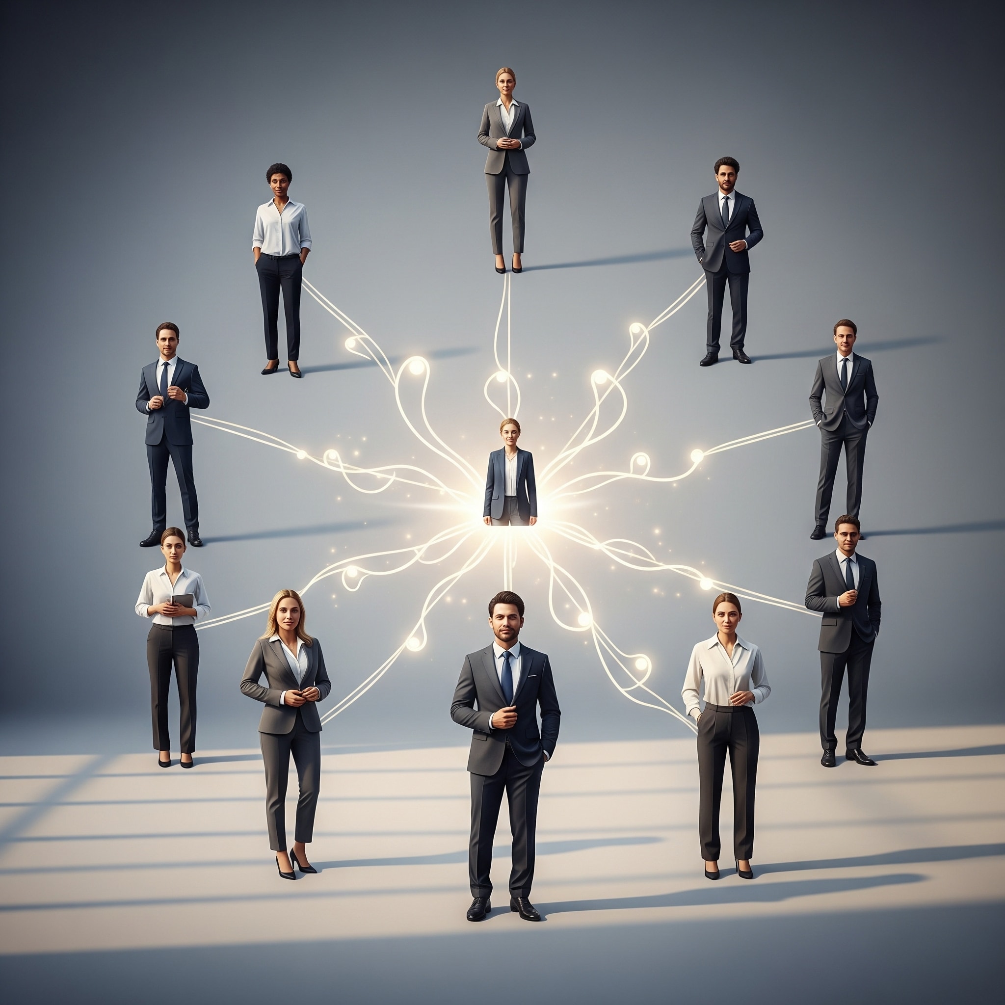 Realistic business visual showing one central client with light connections extending outward to several other professionals, symbolizing the ripple effect of referrals in a high-trust network.