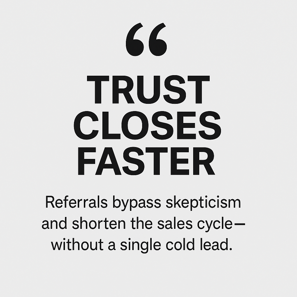 Minimalist quote graphic with the phrase “Trust Closes Faster” in bold uppercase letters, followed by supporting text: “Referrals bypass skepticism and shorten the sales cycle—without a single cold lead.”