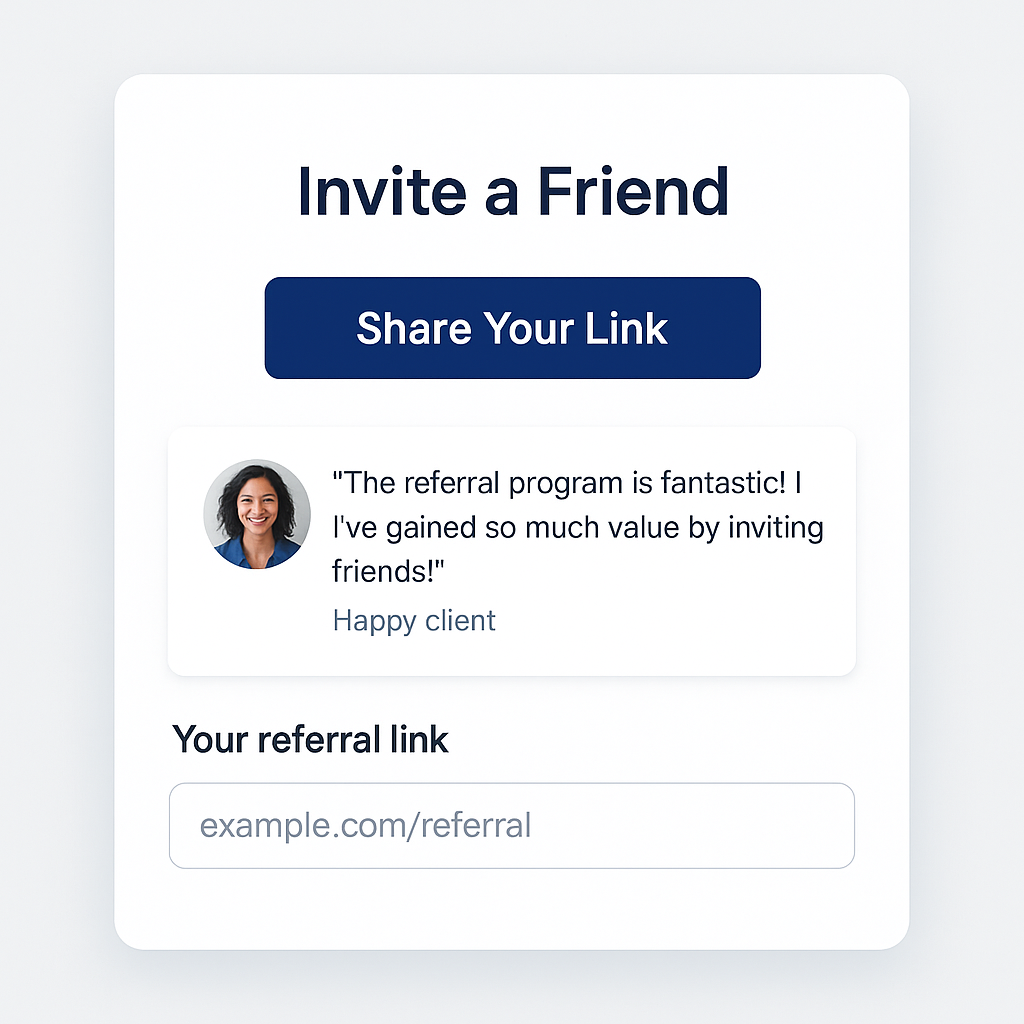 Mockup of a clean, branded referral landing page featuring a call-to-action button, client testimonial as social proof, and a personalized referral link field—designed to encourage easy, trackable referrals in a high-ticket business.