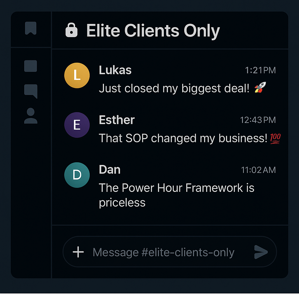 Screenshot-style graphic of a private messaging platform titled 'Elite Clients Only,' showing chat messages from members Lukas, Esther, and Dan sharing business wins and praise, including comments like 'Just closed my biggest deal!' and 'That SOP changed my business!