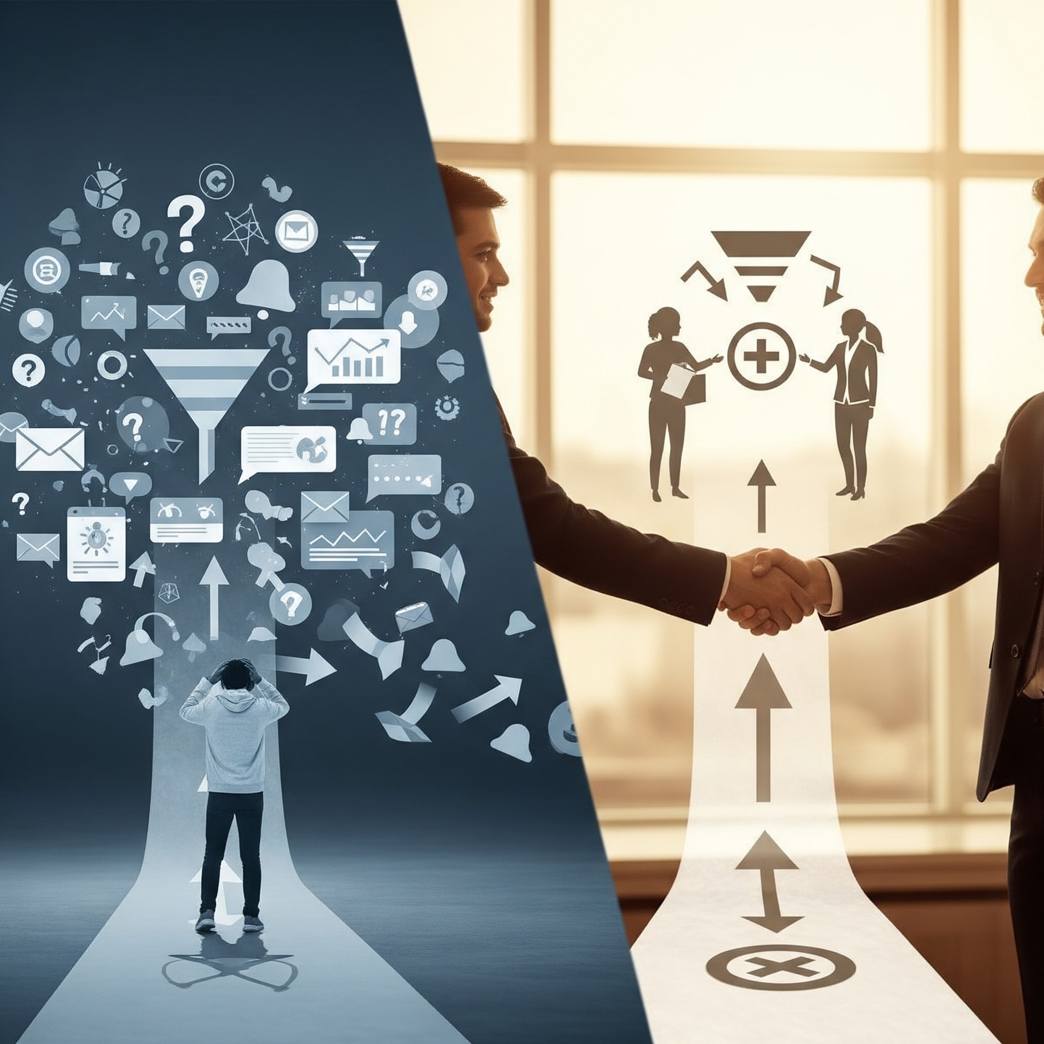 Split-path visual comparing cold marketing vs. referrals. One side shows digital clutter with ads and emails overwhelming a person. The other shows a clean, direct path ending in a business handshake—symbolizing the clarity and trust of referral marketing.