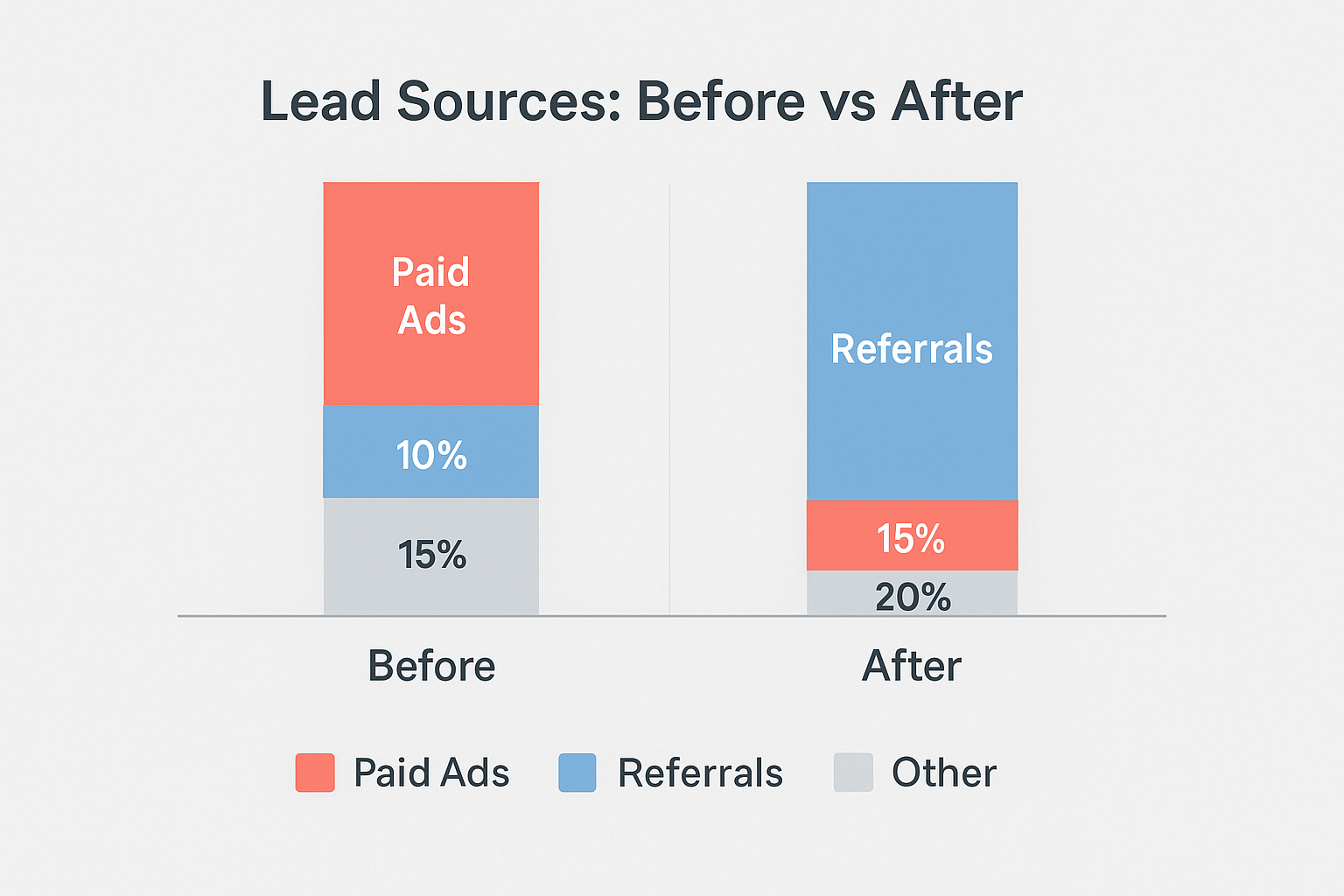 Side-by-side comparison chart showing a shift in lead sources—before: Paid Ads dominate over Referrals; after: Referrals become the main lead source, overtaking Paid Ads—highlighting the impact of a successful referral strategy.