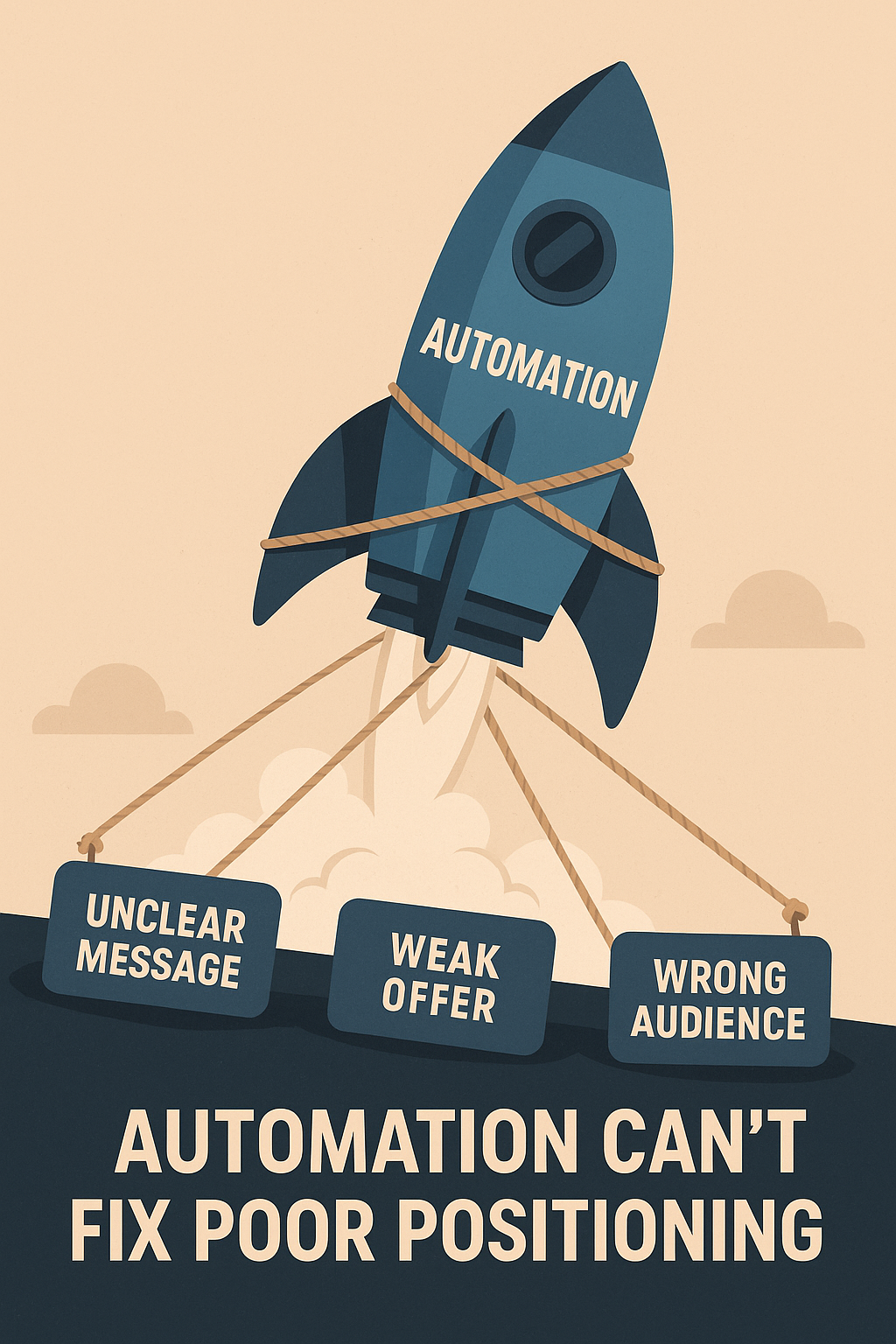 Illustration of a blue rocket labeled "Automation" attempting to launch, but held down by ropes connected to signs reading "Unclear Message," "Weak Offer," and "Wrong Audience," symbolizing how automation can't overcome poor marketing foundations.
