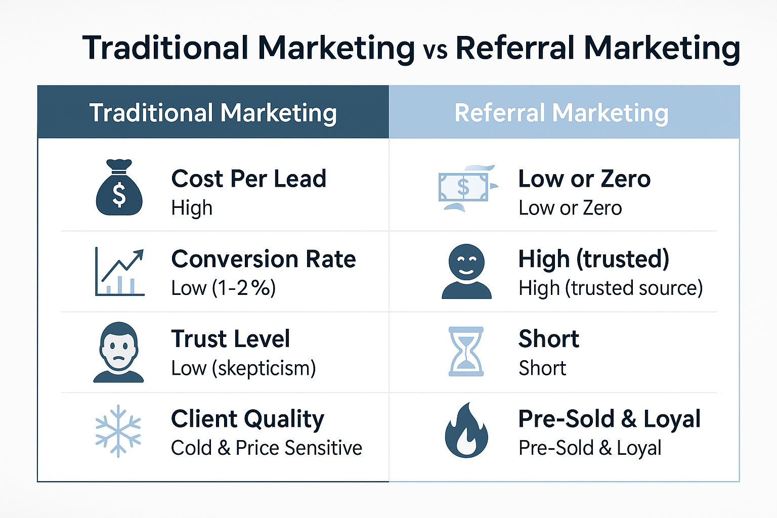 Infographic comparing traditional marketing and referral marketing side by side, showing clear differences in cost per lead, conversion rate, trust level, and client quality—highlighting the efficiency of referral-based growth.