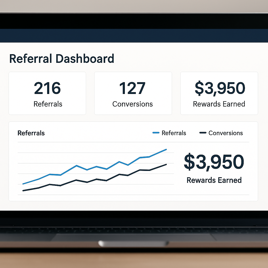 Photo-style mockup of a digital referral dashboard displayed on a laptop screen, showing metrics including 216 Referrals, 127 Conversions, and $3,950 Rewards Earned, with a line chart tracking performance over time.