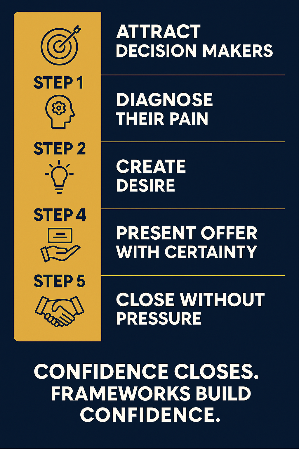 Infographic showing a five-step high ticket sales call framework with vertical icons and labels: Pre-frame, Diagnose, Create Desire, Present Offer, and Close, representing a structured approach to confident selling.