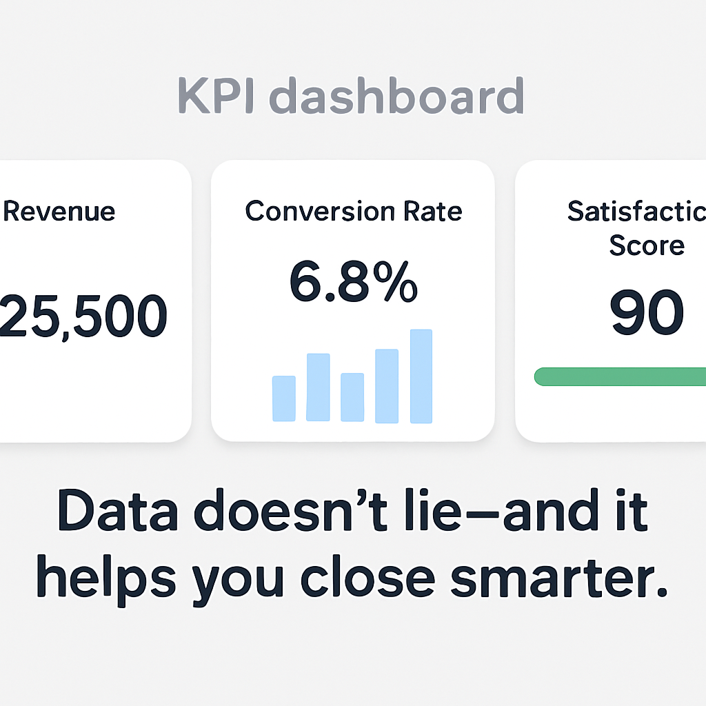 Digital mock-up of a KPI dashboard displaying key sales metrics including Revenue, Conversion Rate, and Customer Satisfaction Score, illustrating data-driven decision making in high ticket sales.