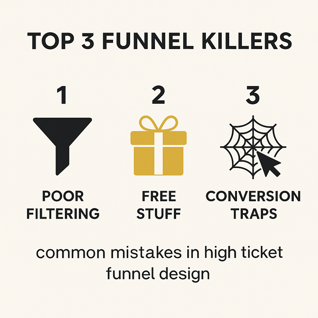 Infographic titled ‘Top 3 Funnel Killers’ featuring three icons: a funnel for poor filtering, a gift box for free stuff, and a spider web with a cursor for conversion traps — highlighting common mistakes in high ticket funnel design.