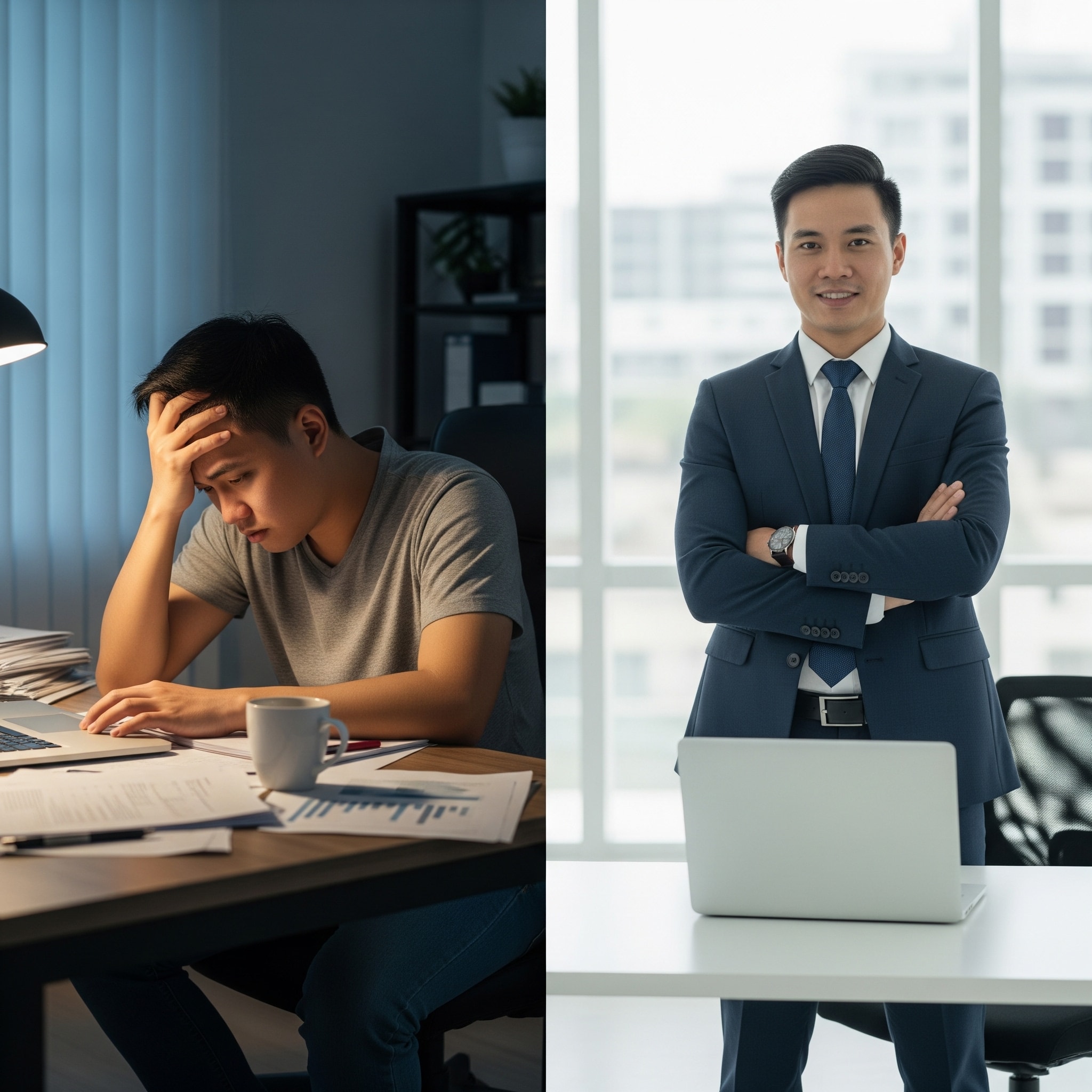 Side-by-side photo of an entrepreneur’s transformation: on the left, a stressed person working late at a cluttered desk in casual clothes; on the right, the same person now confident and professionally dressed in a sleek office, representing the shift from overwhelm to success.