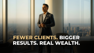 Confident entrepreneur in a luxury office overlooking a city skyline, representing the mindset behind high ticket sales, premium pricing, and working with fewer high-value clients.