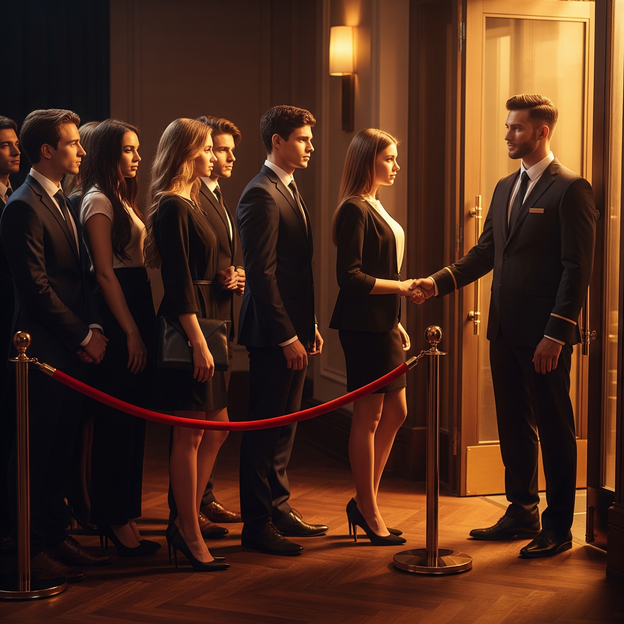 Photograph of a velvet rope entrance at an upscale event, with a group of people waiting outside while a gatekeeper selectively allows one person to enter, symbolizing exclusivity and the premium nature of high ticket offers.