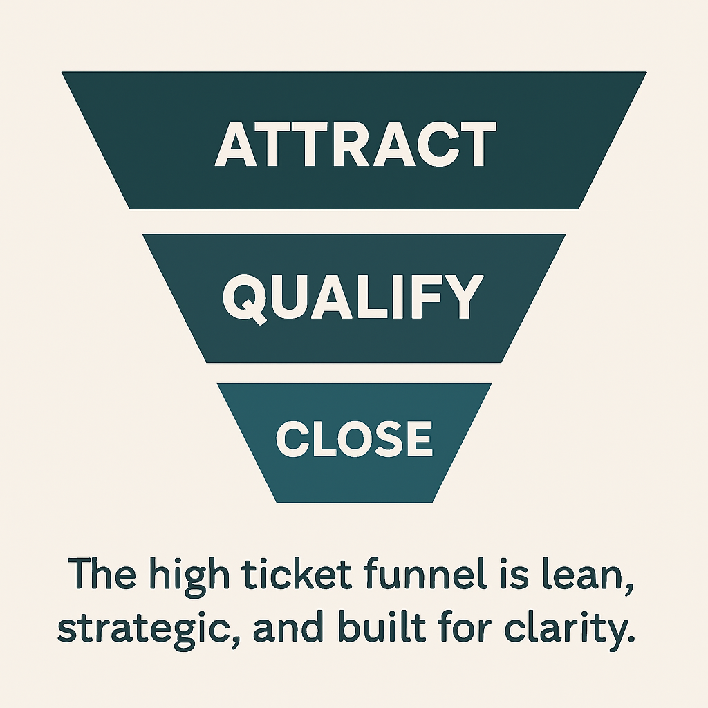 Infographic of a high ticket sales funnel with three labeled stages: Attract at the top, Qualify in the middle, and Close at the bottom, illustrating a streamlined and strategic sales process.